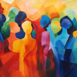 Abstract colorful art watercolor painting depicts a diverse group of people united